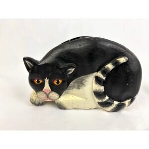 Vintage Black White Cat Napkin Holder Wooden Figurine Folk Art Kitchen Decor
